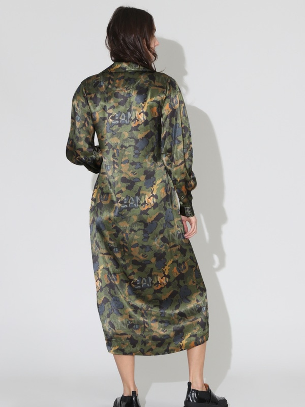 Ganni Satin Camo Wrap Midi Dress - Olive, Black, Brown - Picture 2 of 12
